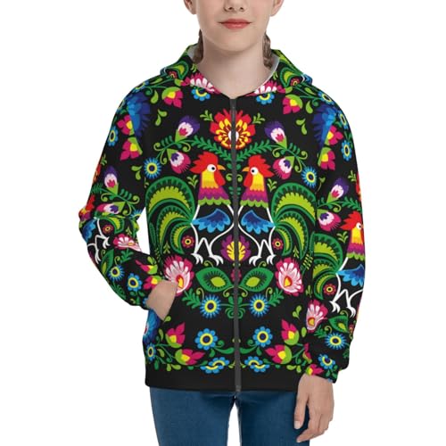 Roosters and Flowers Kid Hoodies Boys Zip Up Sweatshirts Girls Pullover with Pocket3