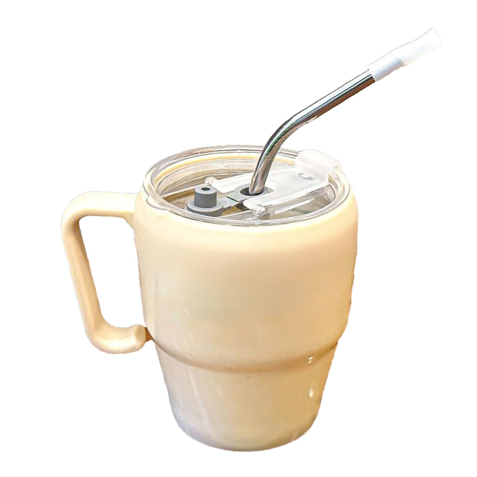 Taza con pajita de vidrio para café helado en camping y cocina
