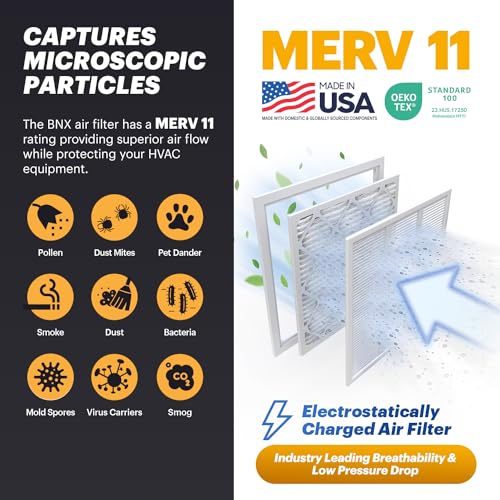 Image of BNX TruFilter 20x24x1 Air Filter MERV 11 (12-Pack) - MADE IN USA - Allergen Defense Electrostatic Pleated Air Conditioner HVAC AC Furnace Filters for Allergies, Dust, Smoke, Allergy MPR 1200 FPR 7