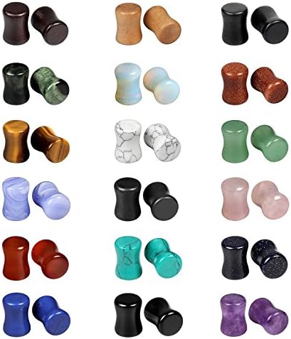 Evevil Mixed Stone Wood Double Flared Plugs Saddle Plug Ear Tunnels Expander Gauges Plugs Stretcher (18 Pairs,2g,6mm)