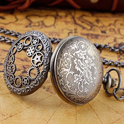Whodoit Hollow Gear Quartz Pocket Watch, Vintage Bronze Necklace Pendant Clock Chain(Cf109) #TOP7