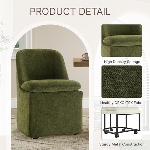 Upholstered Dining Chairs with Casters, Washable Cover Modern Dining Room Chairs with Thick Cushion & Sturdy Metal Frame for Kitchen, Living Room, Dressing Room, Green Fabric, 4PCS - Thumbnail 4