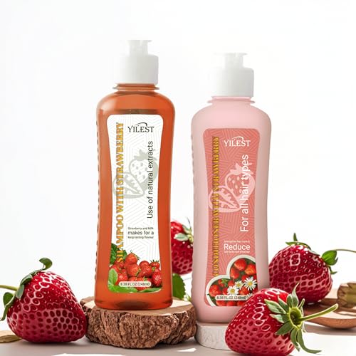 Strawberry & Milk Shampoo & Conditioner Set - Natural Extracts for All Hair Types - Strengthen Hair Roots, Reduce Split Ends & Breakage - 8.38 Fl Oz (248ml) Each - Long-Lasting Fragrance