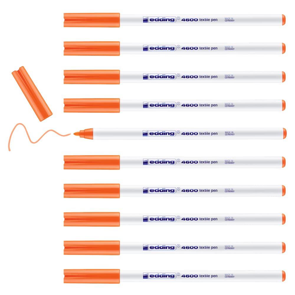 edding 4600 textile pen - neon orange - box of 10 - round nib 1 mm - permanent fabric pens for drawing on textiles, wash-resistant to 60 °C - fabric pen