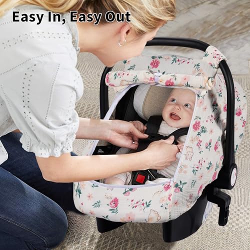 Image of Rquite Car Seat Cover Baby, Carseat Covers Girl Boy, Breathable Muslin Cotton, Large Mesh Window, Infant Car Seat Canopy Baby Carrier Cover Stroller Sun Shade for Summer & Hot Day