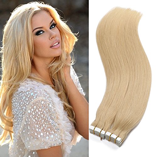 16inch Hair Extensions Tape in Human Hair #613 Light Blonde Hair Straight Skin Weft Glue on Hair 20pcs/set 50g Invisible Hair Extensions for Fashion Woman…