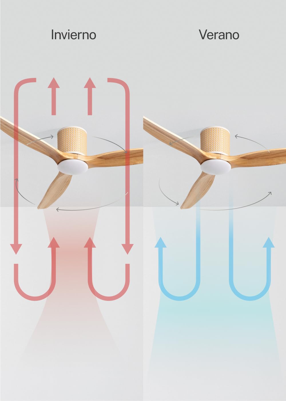 CREATE / WINDCALM RATTAN/Ventilateur de plafond avec lumière en bois naturel avec télécommande / 40W, Silencieux, Ø132 cm, double lumière, 6 vitesses, lumière LED 3 températures, fonction été-hiver