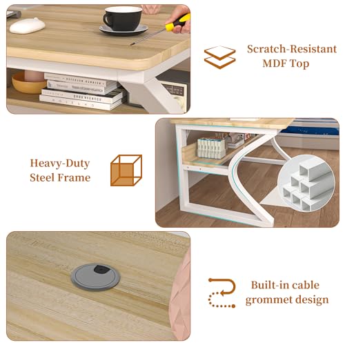 Image of 55 inch Computer Desk, Home Office Desk with Storage Shelf, Sturdy U-Shaped Metal Frame Study Table with Cable Management, Gaming Desk for Office & Bedroom (Light Walnut, 55inch)