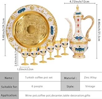 Turkish Coffee Cup and Tea Pot Set Including Teapot,Tea Tray,6 Metal Cups,Tea Service Set for Tea Table Decor,Hip Flask (Blue Flower)