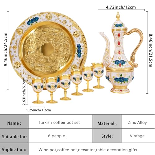 Turkish Coffee Cup and Tea Pot Set Including Teapot,Tea Tray,6 Metal Cups,Tea Service Set for Tea Table Decor,Hip Flask (Blue Flower)