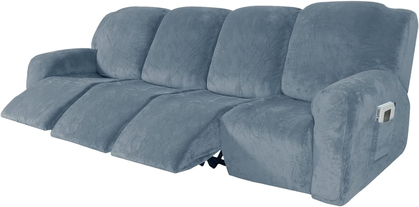 YOPOIY 10 Pieces Recliner Cover for 4 Cushion Couch, Velvet Stretch Reclining Couch Cover for 4 Seat, Washable Furniture Protector -Blue