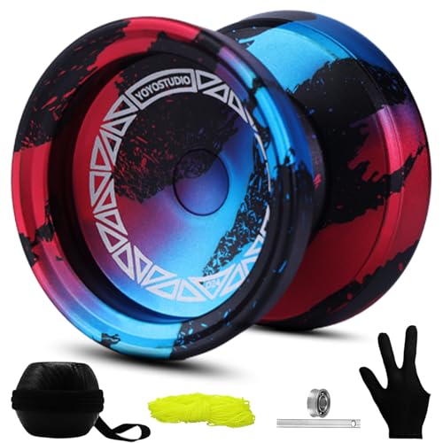 YOYOSTUDIO D24 Professional Yoyo - Responsive & Unresponsive Metal Yoyo for Finger Spin Tricks - Complete Accessory Kit with Bearing Kit, 10 Strings, Case & Glove - Black Blue Purple