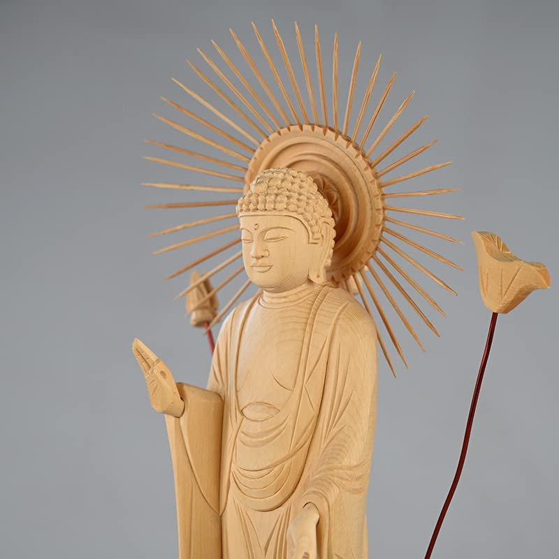 Amazon｜仏像・ 東立弥陀如来立像 木製仏像 高級木彫り 放射光背