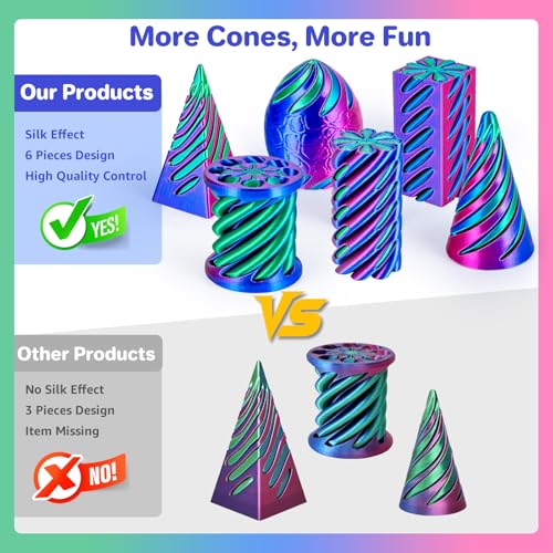 dikale 6 Packs Spiral Cone 3D Printed Fidget Toy Set, Flexible Impossible Cone Pyramid Passthrough Toys for Stress Relief, Fun Desk Deco Relaxing Gift for Kids Adults, Rose Red+Blue+Green — view 3