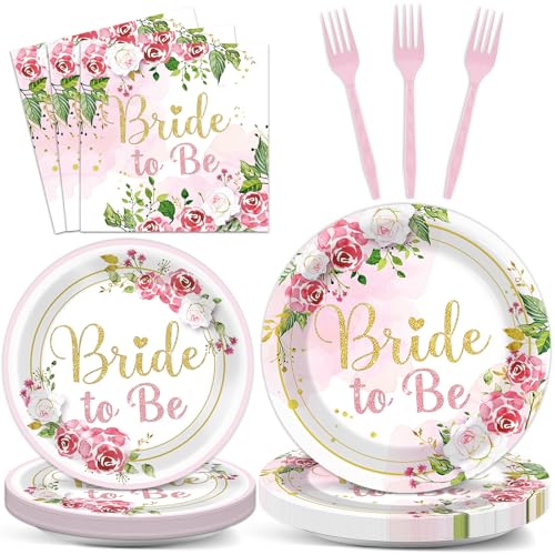96Pcs Bridal Shower Party Decorations Floral Bride to Be Paper Plates Napkins Flower Pink Gold Wedding Tableware Set Supplies Disposable for Women Engagement Bachelorette Party Favors Serves 24