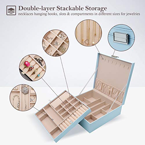Procase Jewelry Box For Women Girls Girlfriend Wife, Large Leather Jewelry Organizer Storage Case With Two Layers Display For Earrings Bracelets Rings Watches -Blue #TOP2