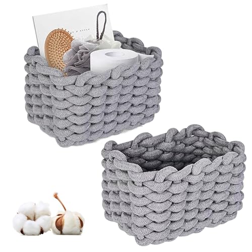 Cestini Portaoggetti, 2 Pezzi Cestini Portaoggetti in Corda di Cotone Intrecciato, Cestino Decorativo Impilabile, Decorazione Cestini Stoccaggio per Cameretta Salotto (Grigio)