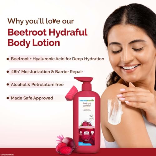 Image of Mamaearth Beetroot Hydraful Body Lotion with Beetroot & Hyaluronic Acid & for Natural Pink Glow - 400 ml Beetroot + Hyaluronic Acid for Deep Hydration | 48 hrs* Moisturization & Barrier Repair | Alcohol & Petrolatum free | Made Safe Approved