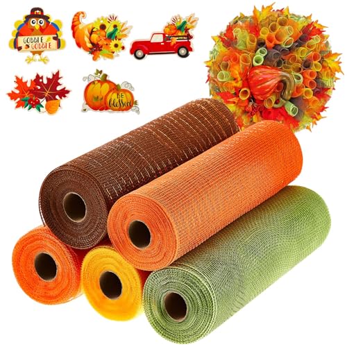 Chapou 5 Rolls Fall Mesh Ribbon Decor and 5 Wood Signs Orange for Wreath