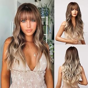 Honygebia Light Brown Wig with Bangs – Long Ombre Wavy Wigs for White Women, Ash White Synthetic Heat Resistant Hair, Natural Best Wigs for Halloween/Christmas/Cosplay/Party