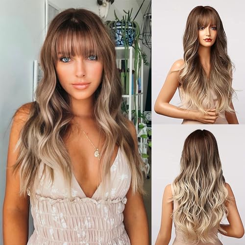 Honygebia Light Brown Wig with Bangs – Long Ombre Wavy Wigs for White Women, Ash White Synthetic Heat Resistant Hair, Natural Best Wigs for Halloween/Christmas/Cosplay/Party