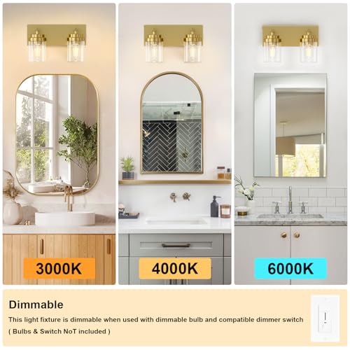 Image of IZORRO Bathroom Vanity Light Fixture, 2-Light 15 Inch Gold Bathroom Light Fixtures Over Mirror, with Clear Glass Shade, Modern Farmhouse Vanity Lights, Rustic Restroom Lighting Fixtures