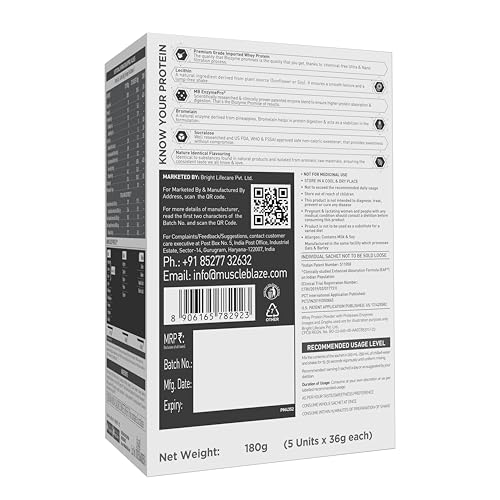 Image of MuscleBlaze Biozyme Performance Whey Protein Powder, Rich Chocolate, 5 Sachets (36g each) | Travel Pack | 25g Protein Per Sachet | Clinically Tested 50% Higher Protein Absorption