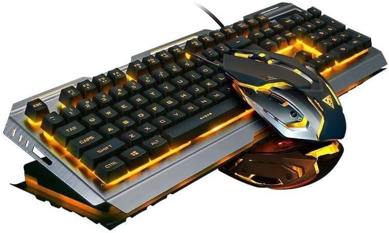 Wired Gaming Keyboard Mouse Combo,Iron Metallic Frame,Orange Yellow LED Backlit Bright Changing,Full Size 104 Keycap,USB 2.0,for Prime Xbox One PS4 Gamer