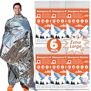 6 Pack Emergency Thermal Blanket Survival, 84” x 64” Extra Large Mylar Blankets for Outdoor, Space Blanket, Silver Foil for Survival, Survival Kit Camping Blankets, Body Warmer, Hiking