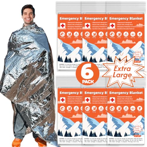 6 Pack Emergency Thermal Blanket Survival, 84” x 64” Extra Large Mylar Blankets for Outdoor, Space Blanket, Silver Foil for Survival, Survival Kit Camping Blankets, Body Warmer, Hiking
