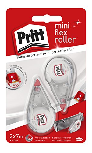 Pritt Corrector Mini Roller, corrector roller con punta flexible, cinta correctora con un cmodo tamao, corrector blanco con tapa de proteccin, 2 cintas de 4,2mm x 7m
