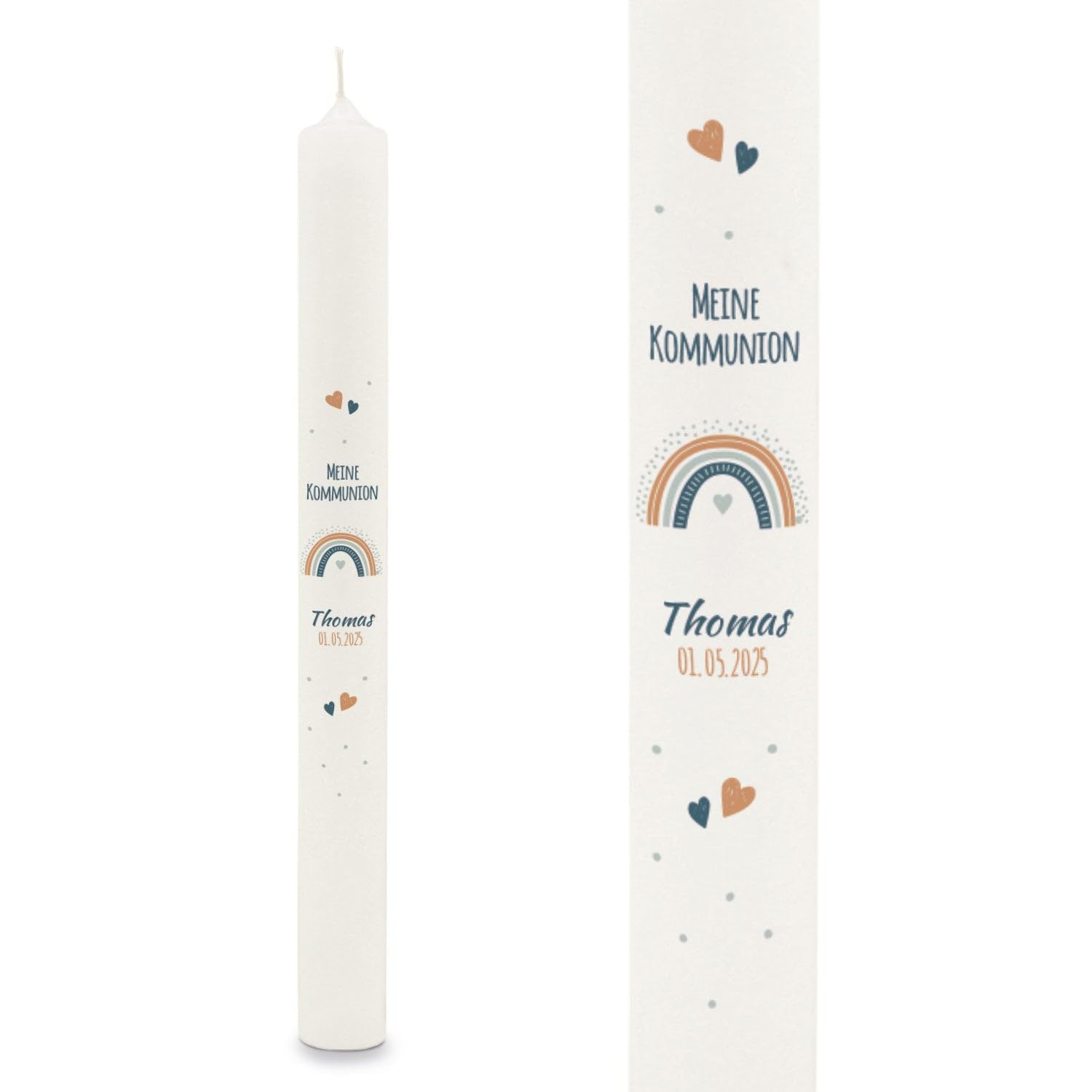 GRAVURZEILE Bedruckte Stabkerze - Regenbogen - Personalisiert mit Name & Datum - Geschenk zur Taufe, Kommunion oder Konfirmation - Für Jungen & Mädchen - Altarkerze 400/40 mm - Farbe: Blau