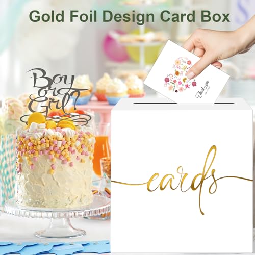 Image of 2 Pack White Card Box with Gold Foil Design, Paperboard 8.7 inch Card Box for Birthday Wedding Party Graduation Retirement Anniversary Valentine's Day & Baby Showers, Raffle or Money Box