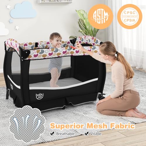 Image of BABY JOY 4 in 1 Pack and Play, Portable Baby Playard with Bassinet & Flip-Away Changing Table, Canopy, Portable Bedside Crib with Storage Basket, Infant Bassinet from Newborn to Toddlers (Circle)