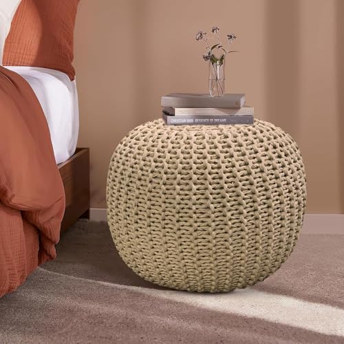 Image of Amazon Brand - Umi Round Hand Knitted Cotton Ottoman Puff Pouffe for Living Room, Cappuccino, 40x40x30 cm, Pack of 1