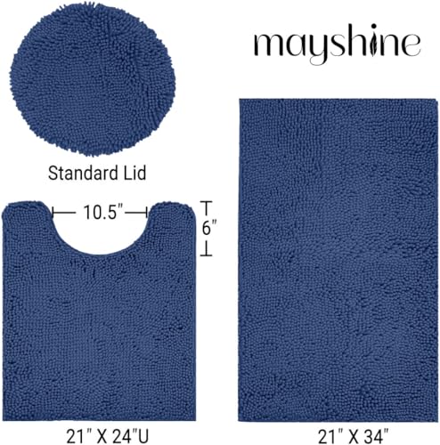 Image of Standard 3pc Set Chenille Bath Mats, Includes 21 inchx24 inch U-Shaped Contour Toilet Rug, 21 inchx34 inch Inches Bathmat and 1 Toilet Lid Cover, Plush Absorbent Bath Mats Quick Dry, Dark Blue