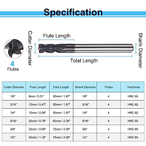Image of HARFINGTON 4pcs Square End Mills 3 /16 inch Cutting Dia HRC 60 4 Flutes AlTiN Coating Tungsten Steel Carbide Mill Bit for Hardened Steels