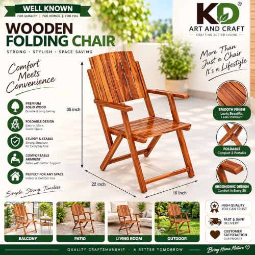 Image of WELL KNOWN Wooden Folding Chair | Portable Foldable Armchair for Balcony, Patio, Living & Drawing Room | Sheesham Wood, Honey Finish (Nature)