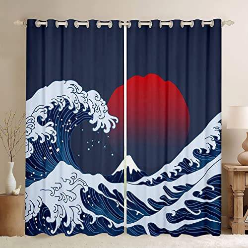 Feelyou Ocean Wave Window Curtains for Bedroom Living Room Sea Surfing Red Sun Window Drapes for Kids Boys Girls Japanese Ukiyoe Window Treatments Exotic Navy Blue Decor 42W X 84L?2 Panels
