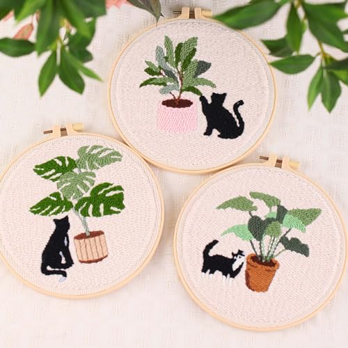 Image of Harimauu Harimau 3 Pcs Punch Needle Embroidery Starter Kits for Beginner Kids,Punch Needle Fabric with Pattern,Threader, Yarns,Pinch Needle, Embroidery Hoops & Rug Punch, 65216+65217+65218 3set