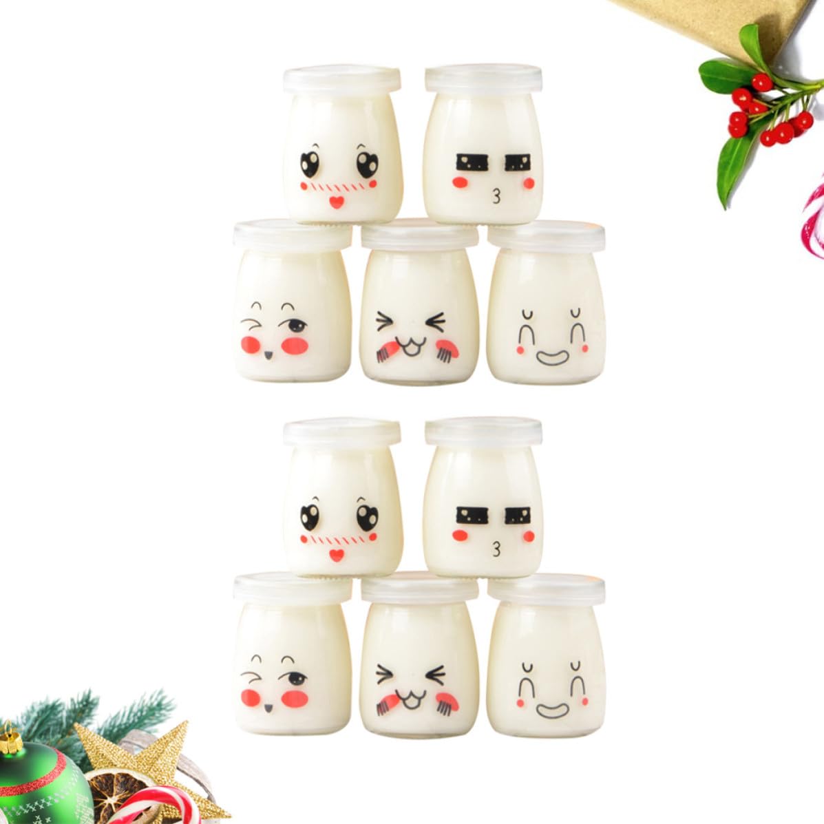 SOLUSTRE 10pièces Lot de Bocaux Verre pour Yaourt et Pudding Résistant Chaleur Motifs Visages Cartoon Aléatoires Pots de Dessert Pratiques et Durables Plusieurs styles