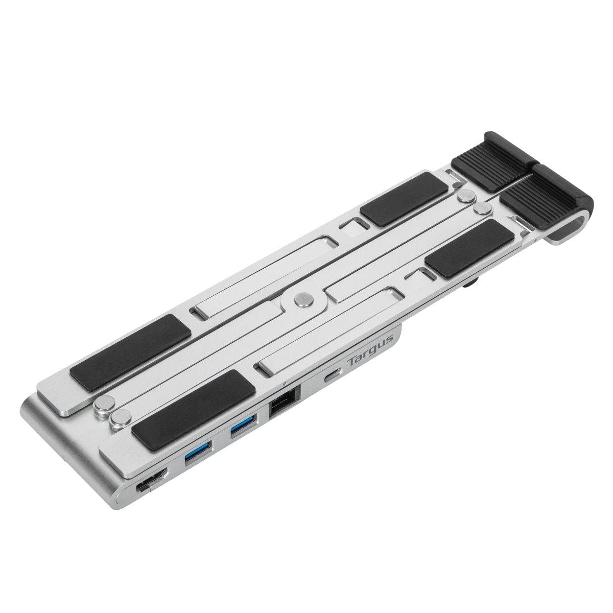 Targus Stojak na laptopa z wbudowaną stacją dokującą – składany uchwyt do komputera PC i MacBooka – składany uchwyt USB-C z portami – srebrny/czarny, AWU100005GL