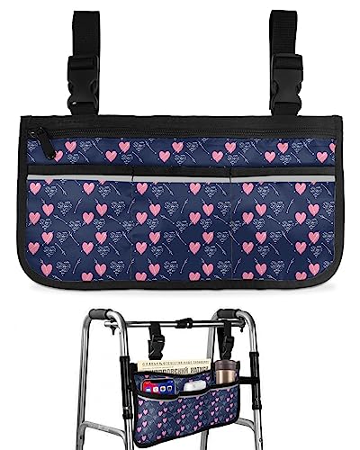 Valentine's Day Wheelchair Side Bag Walker Bag, Pink Love Heart White Arrow Letter Wheelchair Accessories Armrest Pouch, Organizer Storage Bag for Walkers, Rollators, Scooters, 7.3''x13''