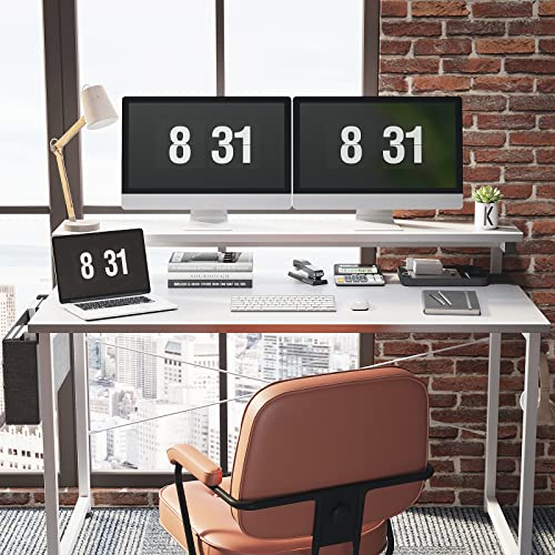 ODK Schreibtisch Weiß mit Monitorständer Höhenverstellbar, 120x50x74cm Computertisch mit Aufbewahrungstasche, PC Tisch mit Kopfhörer Halter, Kleiner Bürotisch Officetisch für Home Office - 4