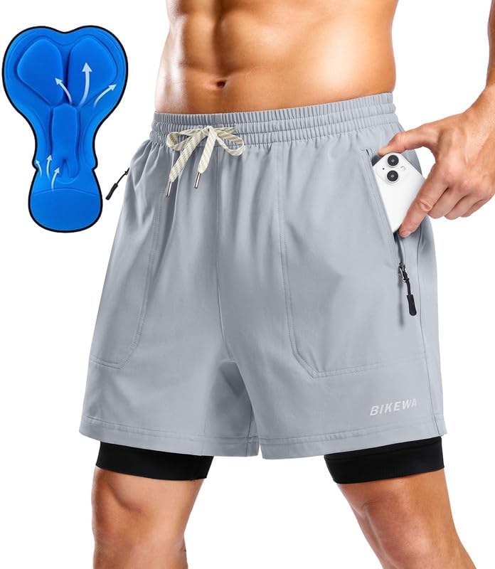 Bikewa Men's Mountain Bike Shorts 4D Padded Loose-fit Cycling Biking Bicycle Riding Biker Shorts for Men Zipper Pockets(Light Grey,M)