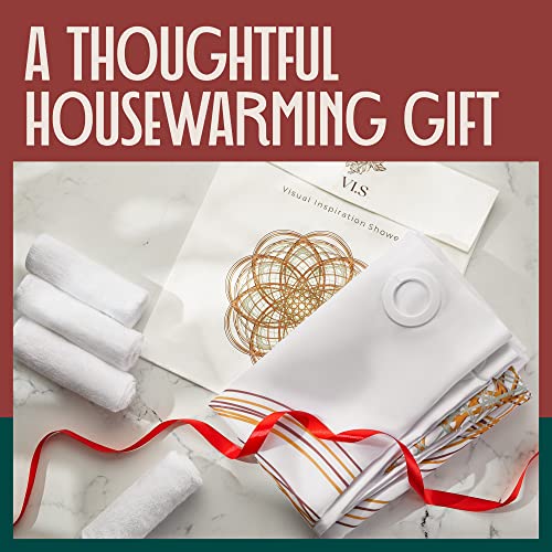 Visual_Inspiration No Hooks Needed Polyester Curtain – Ringless No Hook Shower Curtain For Hotel Spa & Home Bath, White With Print - Set Of 4 Cotton Hand Towels Included #TOP7