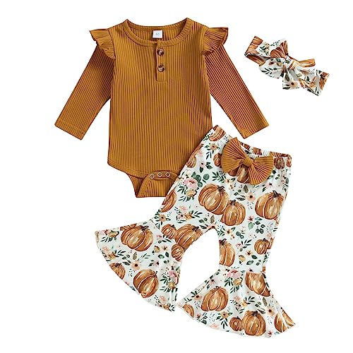 fhutpw Baby Girl Clothes Newborn 3 6 12 18 Months Fall Outfits Ruffle Knitted Long Seeve Romper Top & Flare Pants Sets