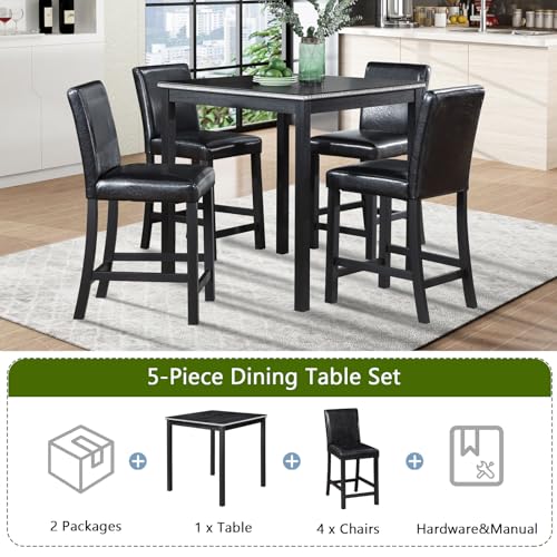 Image of KEIKI 5-Piece Counter Height Dining Table Set with Square Table and 4 Upholstered Chair, for 4 Person, Classic Style Crystal Decoration Wooden Table Set, Easy Assembly, for Kitchen, Dining Room, Black