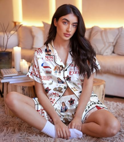 Image of Women 2 Pcs Short Satin Pajama Set Printed Silky Soft Loungewear | Luxurious silk-feel satin; comfortable relaxed fit for sleep & lounge; elastic waistband shorts; gift, easy care