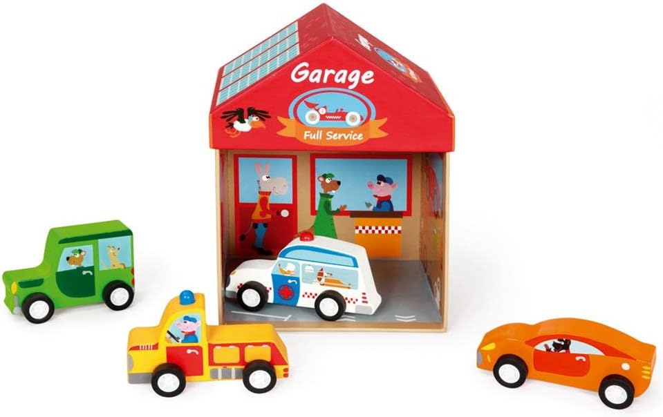 Scratch Mix+Play: PLAY BOX GARAGE 2-in-1, contains 4 wooden cars, in carton and wood, in storage box, 2+